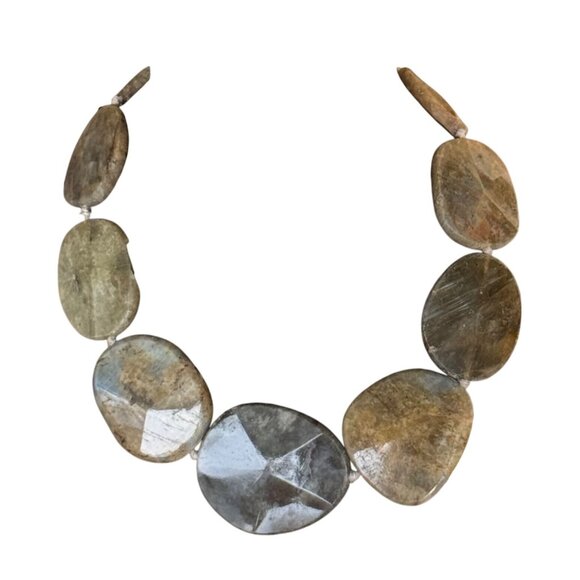 Chunky Labradorite Statement Necklace Polished Iridescent Stone Jewelry Boho 925 - Picture 3 of 16
